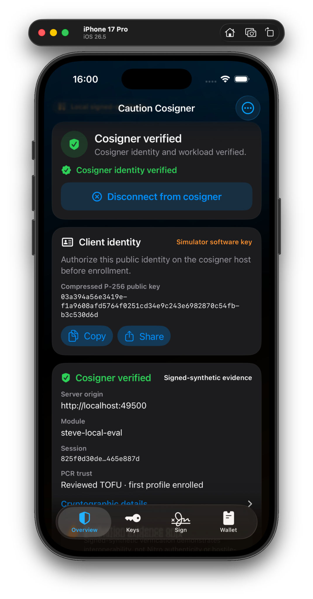 MPC wallet showing a verified cosigner and client identity