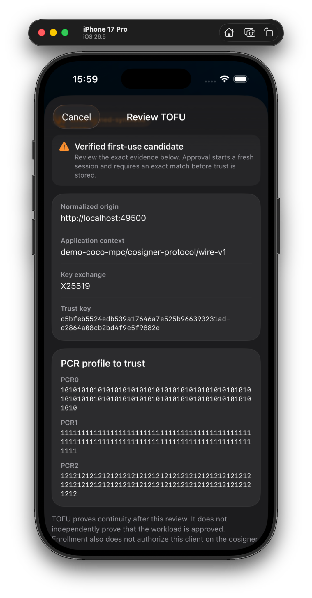 MPC wallet reviewing the cosigner trust profile and PCR measurements