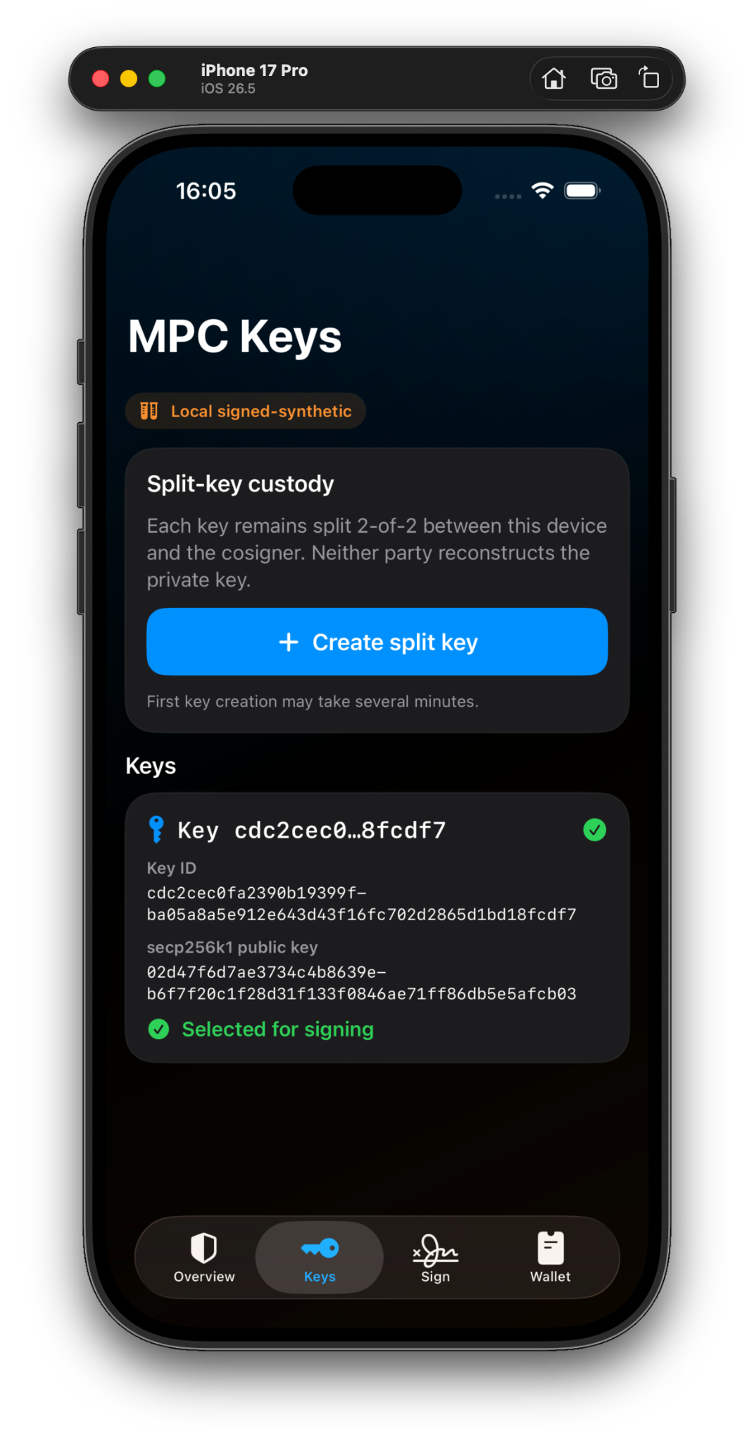 MPC wallet showing a split key selected for signing