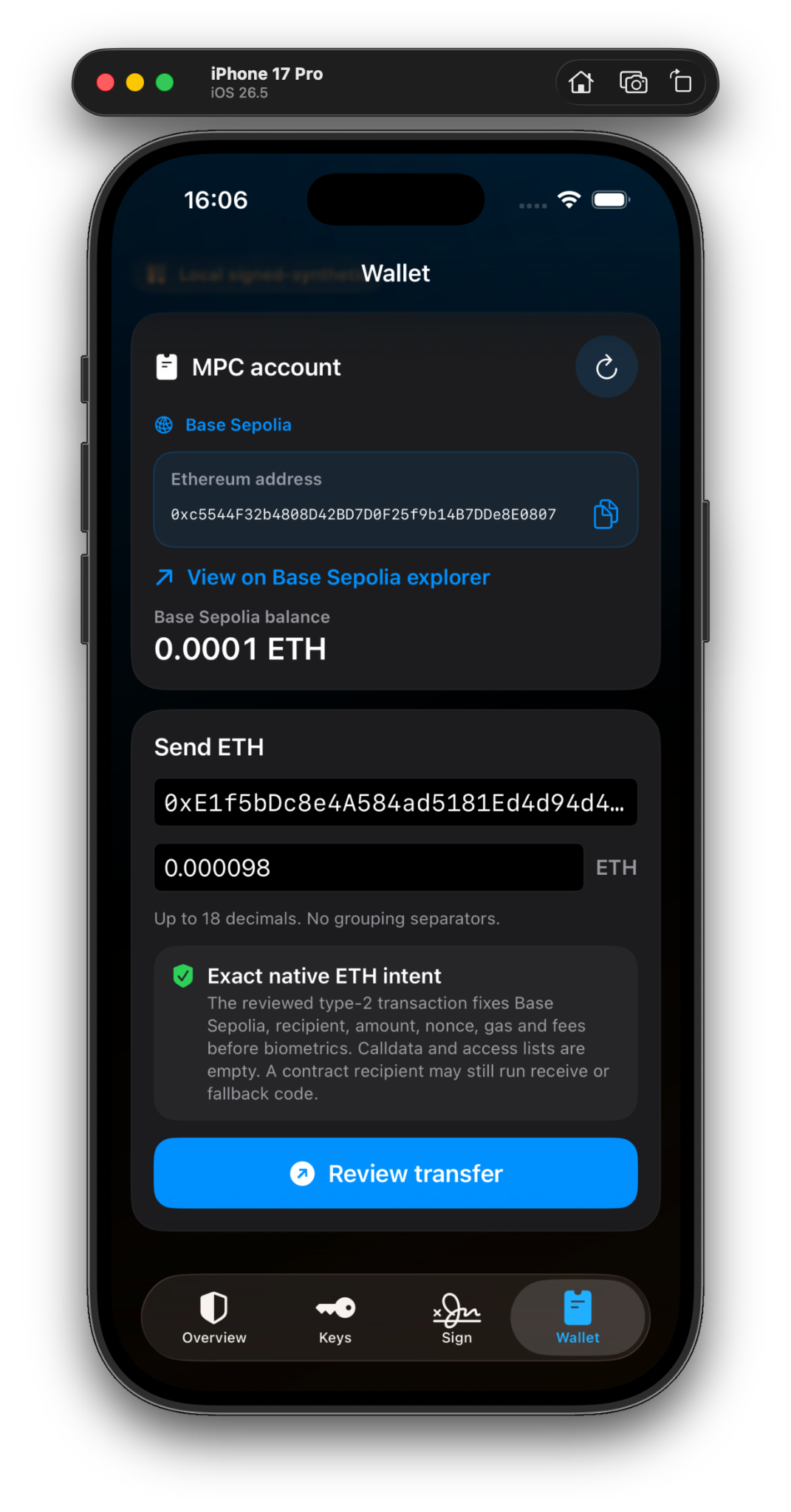 MPC wallet preparing an ETH transfer