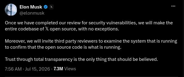 Elon Musk's post about verifiability